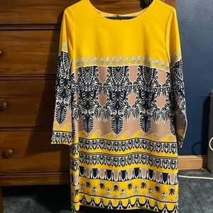 JCrew yellow dress with pattern, size 8, polyester. Dress is fully lined.